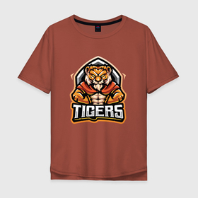 Мужская футболка хлопок Oversize с принтом Тигр | Tigers в Санкт-Петербурге, 100% хлопок | свободный крой, круглый ворот, “спинка” длиннее передней части | furry | low poly | tiger | восточный тигр | год тигра | голова | кошка | лоу поли | тигр | тигренок | фурри | хищник