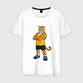 Мужская футболка хлопок с принтом Тигр спортивный в Екатеринбурге, 100% хлопок | прямой крой, круглый вырез горловины, длина до линии бедер, слегка спущенное плечо. | furry | low poly | tiger | восточный тигр | год тигра | голова | кошка | лоу поли | тигр | тигренок | фурри | хищник