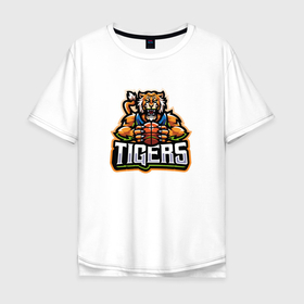 Мужская футболка хлопок Oversize с принтом Тигр баскетболист в Кировске, 100% хлопок | свободный крой, круглый ворот, “спинка” длиннее передней части | tiger | баскетбол | баскетболист | восточный тигр | год тигра | кошка | с мячом | тигр | тигренок | хищник
