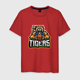 Мужская футболка хлопок с принтом Тигр баскетболист в Кировске, 100% хлопок | прямой крой, круглый вырез горловины, длина до линии бедер, слегка спущенное плечо. | tiger | баскетбол | баскетболист | восточный тигр | год тигра | кошка | с мячом | тигр | тигренок | хищник