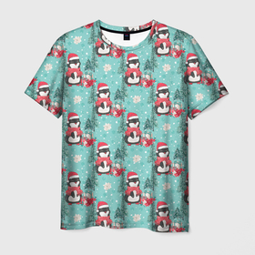 Мужская футболка 3D с принтом Пингвинчики новый год в Курске, 100% полиэфир | прямой крой, круглый вырез горловины, длина до линии бедер | 2022 | год тигра | новый год | новый год 2022 | символ года | тигр | тигренок | тигрица | тигры