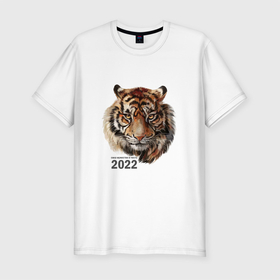 Мужская футболка хлопок Slim с принтом Тигр 2022 символ , 92% хлопок, 8% лайкра | приталенный силуэт, круглый вырез ворота, длина до линии бедра, короткий рукав | Тематика изображения на принте: амурский тигр | год 2022 | кошка | новый год | символ 2022 | тигр | тигр 2022