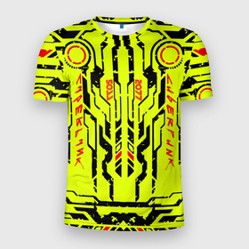 Мужская футболка 3D Slim с принтом Cyberpunk 2077 YELLOW в Рязани, 100% полиэстер с улучшенными характеристиками | приталенный силуэт, круглая горловина, широкие плечи, сужается к линии бедра | будущее | жолтый | киберпанк | минимализм | полосы | схемы