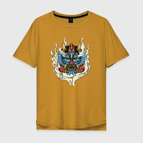 Мужская футболка хлопок Oversize с принтом Маска демона Они в Новосибирске, 100% хлопок | свободный крой, круглый ворот, “спинка” длиннее передней части | авторский принт | демон | дым | иллюстрация | клыки | маска | мифология | они | япония | японская мифология | японский демон