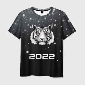 Мужская футболка 3D с принтом Новогодний тигр символ 2022. в Санкт-Петербурге, 100% полиэфир | прямой крой, круглый вырез горловины, длина до линии бедер | 2022 | merry christmas | год тигра | зима близко | нг | новогодний | новогодний тигр | новогодняя символика | новый год | новый год 2022 | рождество | символ 2022 года | снег | снежинки | тигр