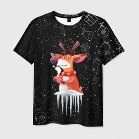 Мужская футболка 3D с принтом Новогодний Олень 2022. в Новосибирске, 100% полиэфир | прямой крой, круглый вырез горловины, длина до линии бедер | 2022 | merry christmas | год тигра | зима близко | нг | новогодний | новогодний олень | новый год | новый год 2022 | олень | рождество | символ 2022 года | снег | снежинки