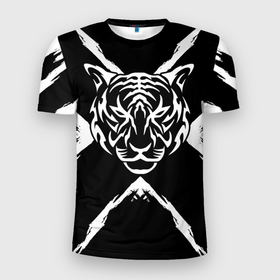 Мужская футболка 3D Slim с принтом Tiger Black  White   Черно белый Тигр в Санкт-Петербурге, 100% полиэстер с улучшенными характеристиками | приталенный силуэт, круглая горловина, широкие плечи, сужается к линии бедра | Тематика изображения на принте: cat | tiger | год тигра | зверь | кошка | символ года | тигр | хищник