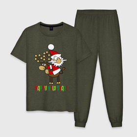 Мужская пижама хлопок с принтом Happy New Year Санта на олене в Новосибирске, 100% хлопок | брюки и футболка прямого кроя, без карманов, на брюках мягкая резинка на поясе и по низу штанин
 | christmas | happy new year | holiday | new year | on a reindeer | santa claus | sitting | на олене | новый год | праздник | рождество | санта клаус | сидит | счастливого нового года