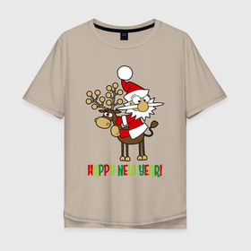 Мужская футболка хлопок Oversize с принтом Happy New Year Санта на олене в Тюмени, 100% хлопок | свободный крой, круглый ворот, “спинка” длиннее передней части | christmas | happy new year | holiday | new year | on a reindeer | santa claus | sitting | на олене | новый год | праздник | рождество | санта клаус | сидит | счастливого нового года
