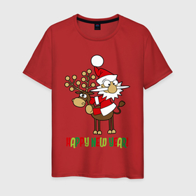 Мужская футболка хлопок с принтом Happy New Year Санта на олене в Новосибирске, 100% хлопок | прямой крой, круглый вырез горловины, длина до линии бедер, слегка спущенное плечо. | christmas | happy new year | holiday | new year | on a reindeer | santa claus | sitting | на олене | новый год | праздник | рождество | санта клаус | сидит | счастливого нового года