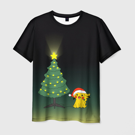 Мужская футболка 3D с принтом Пикачу с Ёлкой , 100% полиэфир | прямой крой, круглый вырез горловины, длина до линии бедер | pikachy | гирлянда | елка | пикачу | покемон | шарики | электричество