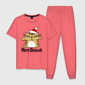 Мужская пижама хлопок с принтом Merry Christmas квадратный кот в Тюмени, 100% хлопок | брюки и футболка прямого кроя, без карманов, на брюках мягкая резинка на поясе и по низу штанин
 | Тематика изображения на принте: kitten | merry christmas | red cap | santa claus | sitting | square | tabby cat | квадратный | котёнок | красный колпак | полосатый кот | санта клауса | сидит | счастливого рождества