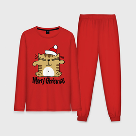 Мужская пижама хлопок (с лонгсливом) с принтом Merry Christmas: квадратный кот ,  |  | kitten | merry christmas | red cap | santa claus | sitting | square | tabby cat | квадратный | котёнок | красный колпак | полосатый кот | санта клауса | сидит | счастливого рождества