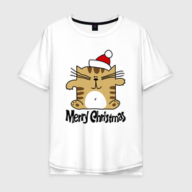 Мужская футболка хлопок Oversize с принтом Merry Christmas квадратный кот в Тюмени, 100% хлопок | свободный крой, круглый ворот, “спинка” длиннее передней части | Тематика изображения на принте: kitten | merry christmas | red cap | santa claus | sitting | square | tabby cat | квадратный | котёнок | красный колпак | полосатый кот | санта клауса | сидит | счастливого рождества