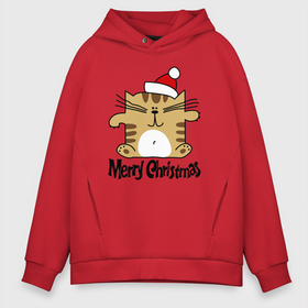Мужское худи Oversize хлопок с принтом Merry Christmas квадратный кот в Петрозаводске, френч-терри — 70% хлопок, 30% полиэстер. Мягкий теплый начес внутри —100% хлопок | боковые карманы, эластичные манжеты и нижняя кромка, капюшон на магнитной кнопке | kitten | merry christmas | red cap | santa claus | sitting | square | tabby cat | квадратный | котёнок | красный колпак | полосатый кот | санта клауса | сидит | счастливого рождества