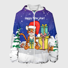 Мужская куртка 3D с принтом Новый год 2022 - Тигр с подарками в Новосибирске, ткань верха — 100% полиэстер, подклад — флис | прямой крой, подол и капюшон оформлены резинкой с фиксаторами, два кармана без застежек по бокам, один большой потайной карман на груди. Карман на груди застегивается на липучку | 2022 | год тигра | новый год | новый год 2022 | символ года | тигр | тигренок | тигрица | тигры