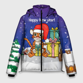 Мужская зимняя куртка 3D с принтом Новый год 2022 - Тигр с подарками в Екатеринбурге, верх — 100% полиэстер; подкладка — 100% полиэстер; утеплитель — 100% полиэстер | длина ниже бедра, свободный силуэт Оверсайз. Есть воротник-стойка, отстегивающийся капюшон и ветрозащитная планка. 

Боковые карманы с листочкой на кнопках и внутренний карман на молнии. | Тематика изображения на принте: 2022 | год тигра | новый год | новый год 2022 | символ года | тигр | тигренок | тигрица | тигры