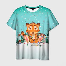 Мужская футболка 3D с принтом Тигренок запутался в гирляндах в Екатеринбурге, 100% полиэфир | прямой крой, круглый вырез горловины, длина до линии бедер | Тематика изображения на принте: 2022 | год тигра | новый год | новый год 2022 | символ года | тигр | тигренок | тигрица | тигры