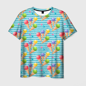 Мужская футболка 3D с принтом Разноцветное мороженое паттерн в Курске, 100% полиэфир | прямой крой, круглый вырез горловины, длина до линии бедер | десерт | мороженое | паттерн | сладкие | сладость | эскимо