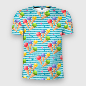 Мужская футболка 3D Slim с принтом Разноцветное мороженое паттерн в Белгороде, 100% полиэстер с улучшенными характеристиками | приталенный силуэт, круглая горловина, широкие плечи, сужается к линии бедра | десерт | мороженое | паттерн | сладкие | сладость | эскимо