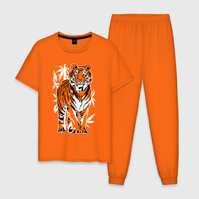 Мужская пижама хлопок с принтом Тигр в джунглях в Курске, 100% хлопок | брюки и футболка прямого кроя, без карманов, на брюках мягкая резинка на поясе и по низу штанин
 | 2022 | big cat | happy new year | jungle | palms | predator | tiger | year of the tiger | большая кошка | год тигра | джунгли | пальмы | с новым годом | тигр | хищник