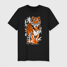 Мужская футболка хлопок Slim с принтом Тигр в джунглях , 92% хлопок, 8% лайкра | приталенный силуэт, круглый вырез ворота, длина до линии бедра, короткий рукав | 2022 | big cat | happy new year | jungle | palms | predator | tiger | year of the tiger | большая кошка | год тигра | джунгли | пальмы | с новым годом | тигр | хищник