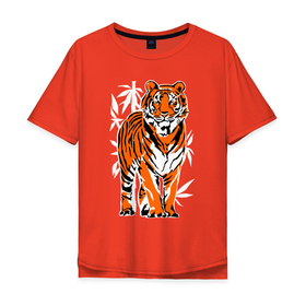 Мужская футболка хлопок Oversize с принтом Тигр в джунглях в Санкт-Петербурге, 100% хлопок | свободный крой, круглый ворот, “спинка” длиннее передней части | 2022 | big cat | happy new year | jungle | palms | predator | tiger | year of the tiger | большая кошка | год тигра | джунгли | пальмы | с новым годом | тигр | хищник