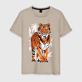 Мужская футболка хлопок с принтом Тигр в джунглях в Курске, 100% хлопок | прямой крой, круглый вырез горловины, длина до линии бедер, слегка спущенное плечо. | 2022 | big cat | happy new year | jungle | palms | predator | tiger | year of the tiger | большая кошка | год тигра | джунгли | пальмы | с новым годом | тигр | хищник