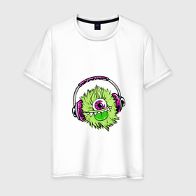 Мужская футболка хлопок с принтом Монстр звука в Тюмени, 100% хлопок | прямой крой, круглый вырез горловины, длина до линии бедер, слегка спущенное плечо. | аудио | звук | монстр | монстрик | музыка | мультфильм | наушники | слушать