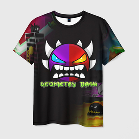 Мужская футболка 3D с принтом GEOMETRY DASH PIXEL ART DEMON в Екатеринбурге, 100% полиэфир | прямой крой, круглый вырез горловины, длина до линии бедер | 2d | arcade | demon | game | geometry dash | meltdown | robtop | smile | аркада | геометрический тире | демон | раннер | смайлы | эмоции