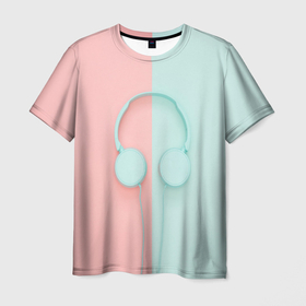 Мужская футболка 3D с принтом Музыкальное настроение в Новосибирске, 100% полиэфир | прямой крой, круглый вырез горловины, длина до линии бедер | Тематика изображения на принте: гарнитура | голубое | музыка | музыкальное настроение | наушники | половины | розовое