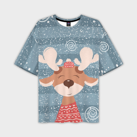 Мужская футболка OVERSIZE 3D с принтом Милый олень в шапочке в Екатеринбурге,  |  | животное | зима | новогоднее | олень | полосы | снег