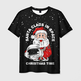 Мужская футболка 3D с принтом Санта в космосе в Екатеринбурге, 100% полиэфир | прямой крой, круглый вырез горловины, длина до линии бедер | 2021 | 2022 | christmas | merry | merry christmas | new year | snow | sweater | ugly christmas | winter | в космосе | зима | космический | космос | новогодний | новогодняя | новый год | рождественский | рождественский свитер | рождество | с