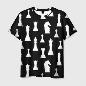 Мужская футболка 3D с принтом Белые шахматные фигуры в Петрозаводске, 100% полиэфир | прямой крой, круглый вырез горловины, длина до линии бедер | checkmate | chess | chess board | chess game | chess pieces | chess player | chessboard | gambit | game | king | pawn | queen | гамбит | игра | король | мат | партия | ферзь | фигуры | шахматист | шахматы