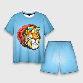 Мужской костюм с шортами 3D с принтом Крутой тигр в шапке и очках ,  |  | furry | low poly | tiger | восточный тигр | год тигра | голова | кошка | лоу поли | тигр | тигренок | фурри | хищник