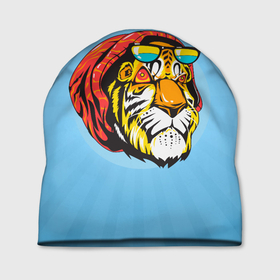 Шапка 3D с принтом Крутой тигр в шапке и очках в Тюмени, 100% полиэстер | универсальный размер, печать по всей поверхности изделия | furry | low poly | tiger | восточный тигр | год тигра | голова | кошка | лоу поли | тигр | тигренок | фурри | хищник