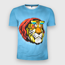 Мужская футболка 3D Slim с принтом Крутой тигр в шапке и очках в Белгороде, 100% полиэстер с улучшенными характеристиками | приталенный силуэт, круглая горловина, широкие плечи, сужается к линии бедра | furry | low poly | tiger | восточный тигр | год тигра | голова | кошка | лоу поли | тигр | тигренок | фурри | хищник