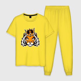 Мужская пижама хлопок с принтом Тигр в короне | Tiger in crown в Петрозаводске, 100% хлопок | брюки и футболка прямого кроя, без карманов, на брюках мягкая резинка на поясе и по низу штанин
 | tiger | восточный тигр | год тигра | голова | кошка | тигр | тигренок | хищник