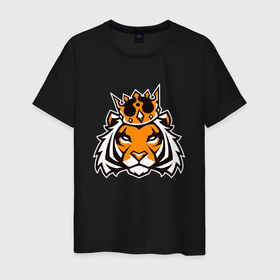 Мужская футболка хлопок с принтом Тигр в короне | Tiger in crown в Петрозаводске, 100% хлопок | прямой крой, круглый вырез горловины, длина до линии бедер, слегка спущенное плечо. | tiger | восточный тигр | год тигра | голова | кошка | тигр | тигренок | хищник
