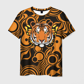 Мужская футболка 3D с принтом Голова тигра с бабочкой в Екатеринбурге, 100% полиэфир | прямой крой, круглый вырез горловины, длина до линии бедер | 2022 | бабочка | год тигра | символ года | тигр | тигровый раскрас