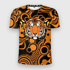 Мужская футболка 3D Slim с принтом Голова тигра с бабочкой в Петрозаводске, 100% полиэстер с улучшенными характеристиками | приталенный силуэт, круглая горловина, широкие плечи, сужается к линии бедра | 2022 | бабочка | год тигра | символ года | тигр | тигровый раскрас