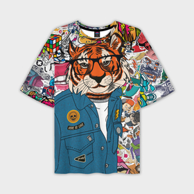 Мужская футболка OVERSIZE 3D с принтом Стикербомбинг с тигром в Белгороде,  |  | кошка | символ | стикер | тигр | хищник