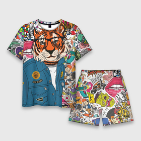 Мужской костюм с шортами 3D с принтом Стикербомбинг с тигром в Петрозаводске,  |  | кошка | символ | стикер | тигр | хищник