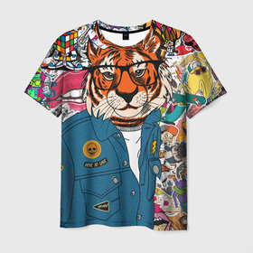 Мужская футболка 3D с принтом Стикербомбинг с тигром в Санкт-Петербурге, 100% полиэфир | прямой крой, круглый вырез горловины, длина до линии бедер | Тематика изображения на принте: кошка | символ | стикер | тигр | хищник