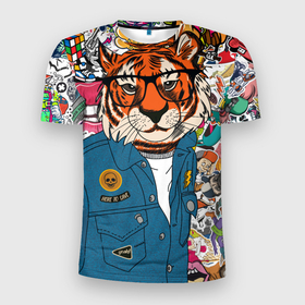 Мужская футболка 3D Slim с принтом Стикербомбинг с тигром , 100% полиэстер с улучшенными характеристиками | приталенный силуэт, круглая горловина, широкие плечи, сужается к линии бедра | кошка | символ | стикер | тигр | хищник