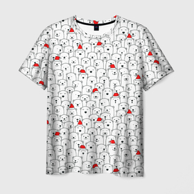 Мужская футболка 3D с принтом Белые медведи на Рождество в Новосибирске, 100% полиэфир | прямой крой, круглый вырез горловины, длина до линии бедер | caps | christmas | new year | polar bears | red hats | santa claus | santas | белые медведи | деды морозы | колпаки | красные шапки | новый год | рождество | санта клаусы