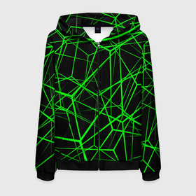 Мужская толстовка 3D на молнии с принтом Зеленые Полигоны в Новосибирске, 100% полиэстер | длина до линии бедра, манжеты и пояс оформлены мягкой тканевой резинкой, двухслойный капюшон со шнурком для регулировки, спереди молния, по бокам два кармана | Тематика изображения на принте: зеленая абстракция | зеленая матрица | зеленая текстура | зеленые линии | зеленые полоски матрица | современное искусство