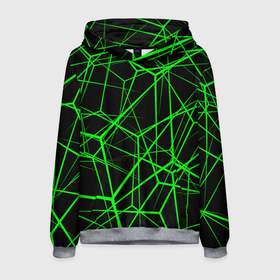 Мужская толстовка 3D с принтом Зеленые Полигоны в Санкт-Петербурге, 100% полиэстер | двухслойный капюшон со шнурком для регулировки, мягкие манжеты на рукавах и по низу толстовки, спереди карман-кенгуру с мягким внутренним слоем. | Тематика изображения на принте: зеленая абстракция | зеленая матрица | зеленая текстура | зеленые линии | зеленые полоски матрица | современное искусство