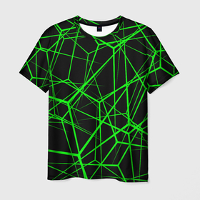 Мужская футболка 3D с принтом Зеленые Полигоны в Белгороде, 100% полиэфир | прямой крой, круглый вырез горловины, длина до линии бедер | зеленая абстракция | зеленая матрица | зеленая текстура | зеленые линии | зеленые полоски матрица | современное искусство