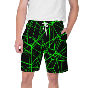Мужские шорты 3D с принтом Зеленые Полигоны Матрица ,  полиэстер 100% | прямой крой, два кармана без застежек по бокам. Мягкая трикотажная резинка на поясе, внутри которой широкие завязки. Длина чуть выше колен | Тематика изображения на принте: зеленая абстракция | зеленая матрица | зеленая текстура | зеленые линии | зеленые полоски матрица | современное искусство